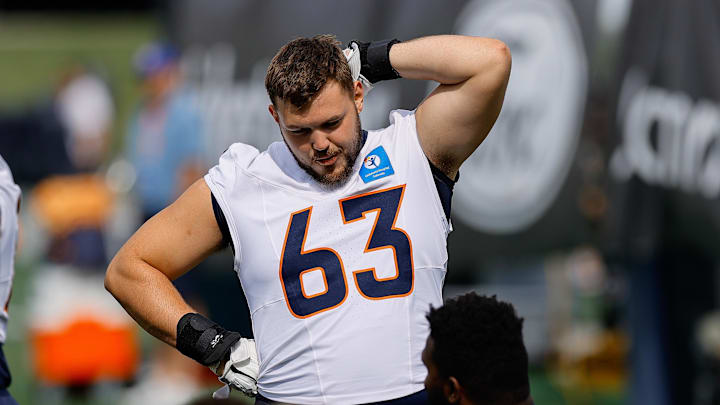 Jul 26, 2024; Englewood, CO, USA; Denver Broncos offensive tackle Alex Palczewski (63) during training camp at Broncos Park Powered by CommonSpirit. Mandatory Credit: Isaiah J. Downing-Imagn Images