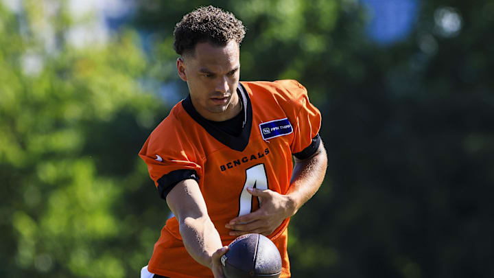 Jul 23, 2025; Cincinnati, OH, USA; Cincinnati Bengals quarterback Desmond Ridder (4) warms up during training camp at Kettering Health Practice Field. Mandatory Credit: Katie Stratman-Imagn Images