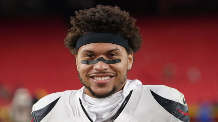 Dec 7, 2025; Kansas City, Missouri, USA; Houston Texans safety Jalen Pitre (5) is seen after the game against the Kansas City Chiefs at GEHA Field at Arrowhead Stadium. Mandatory Credit: Denny Medley-Imagn Images