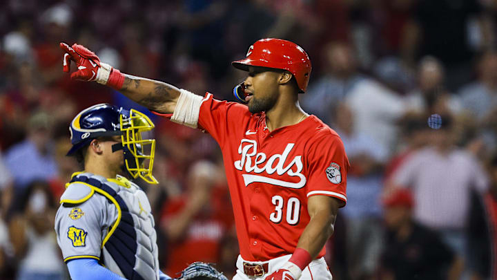 Jun 3, 2025; Cincinnati, Ohio, USA; Cincinnati Reds outfielder Will Benson (30) reacts after hitting a solo home run in the eighth inning against the Milwaukee Brewers at Great American Ball Park. Mandatory Credit: Katie Stratman-Imagn Images