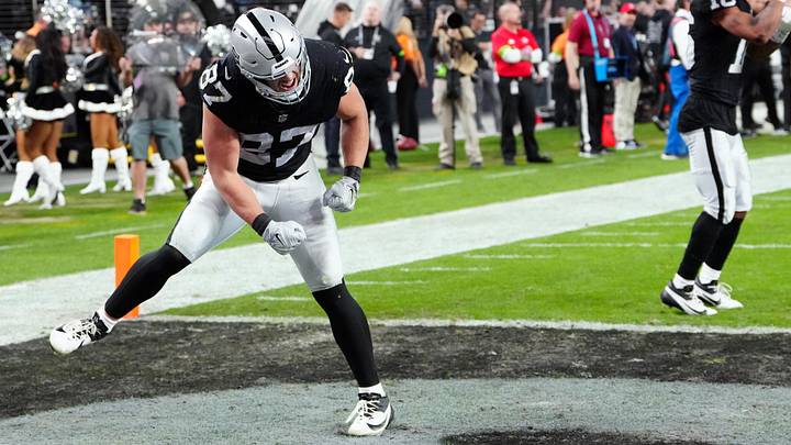 Dec 14, 2023; Paradise, Nevada, USA; Las Vegas Raiders tight end Michael Mayer (87) celebrates after a touchdown by wide receiver Jakobi Meyers (not pictured) in the first quarter against the Los Angeles Chargers at Allegiant Stadium. Mandatory Credit: Stephen R. Sylvanie-USA TODAY Sports Dec 14, 2023; Paradise, Nevada, USA; Las Vegas Raiders tight end Michael Mayer (87) celebrates after a touchdown by wide receiver Jakobi Meyers (not pictured) in the first quarter against the Los Angeles Chargers at Allegiant Stadium. Mandatory Credit: Stephen R. Sylvanie-USA TODAY Sports