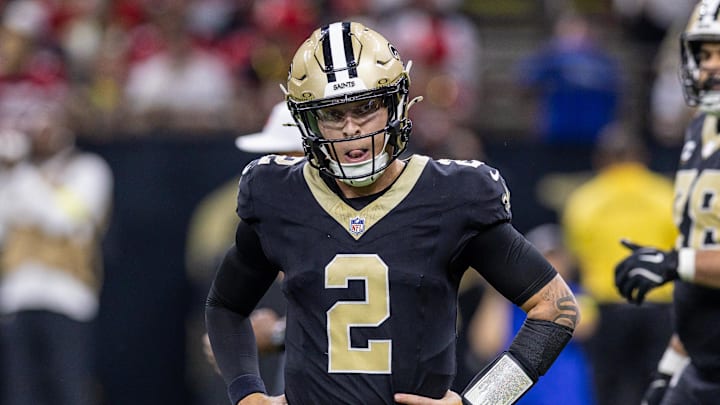 Sep 14, 2025; New Orleans, Louisiana, USA; New Orleans Saints quarterback Spencer Rattler (2) reacts to missing a pass on 3rd down against the San Francisco 49ers during the second half at Caesars Superdome. Mandatory Credit: Stephen Lew-Imagn Images Sep 14, 2025; New Orleans, Louisiana, USA; New Orleans Saints quarterback Spencer Rattler (2) reacts to missing a pass on 3rd down against the San Francisco 49ers during the second half at Caesars Superdome. Mandatory Credit: Stephen Lew-Imagn Images