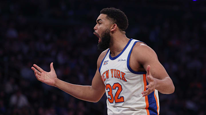 Mar 22, 2026; New York, New York, USA; New York Knicks center Karl-Anthony Towns (32) reacts during the first half against the Washington Wizards at Madison Square Garden. Mandatory Credit: Vincent Carchietta-Imagn Images