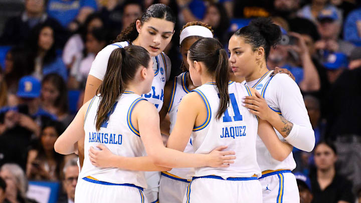 Mar 21, 2025; Los Angeles, California, USA; UCLA Bruins guard Elina Aarnisalo (7), Lauren Betts (51), Janiah Barker (0), Timea Gardiner (30) and Gabriela Jaquez (11) during the second quarter of an NCAA Tournament first-round game against the Southern Lady Jaguars at Pauley Pavilion presented by Wescom. Mandatory Credit: Robert Hanashiro-Imagn Images Mar 21, 2025; Los Angeles, California, USA; UCLA Bruins guard Elina Aarnisalo (7), Lauren Betts (51), Janiah Barker (0), Timea Gardiner (30) and Gabriela Jaquez (11) during the second quarter of an NCAA Tournament first-round game against the Southern Lady Jaguars at Pauley Pavilion presented by Wescom. Mandatory Credit: Robert Hanashiro-Imagn Images