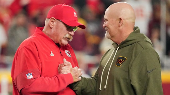 Oct 27, 2025; Kansas City, Missouri, USA; Kansas City Chiefs head coach Andy Reid shakes hands with Washington Commanders head coach Dan Quinn during warmups prior to the game at GEHA Field at Arrowhead Stadium. Mandatory Credit: Denny Medley-Imagn Images Oct 27, 2025; Kansas City, Missouri, USA; Kansas City Chiefs head coach Andy Reid shakes hands with Washington Commanders head coach Dan Quinn during warmups prior to the game at GEHA Field at Arrowhead Stadium. Mandatory Credit: Denny Medley-Imagn Images