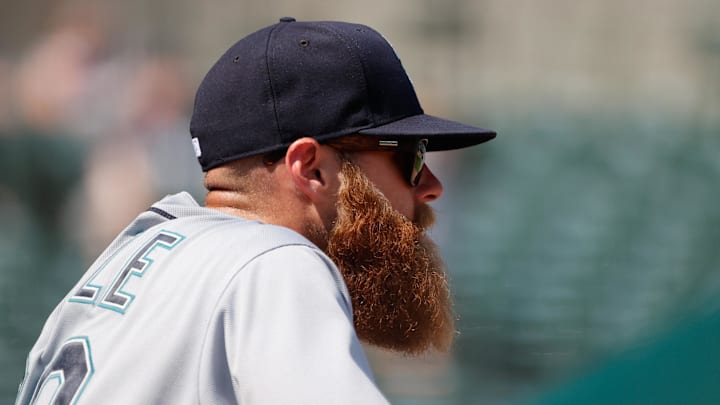 Seattle Mariners major league field coordinator Carson Vitale (39) watches from the dugout during the eighth inning against the Detroit Tigers at Comerica Park in 2021.