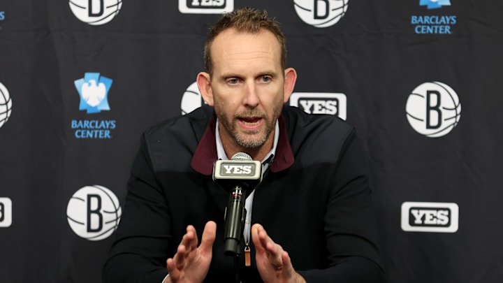 Brooklyn Nets general manager Sean Marks speaks during a press conference before a game against the New York Knicks at Barclays Center. Mandatory Credit: Brad Penner-Imagn Images