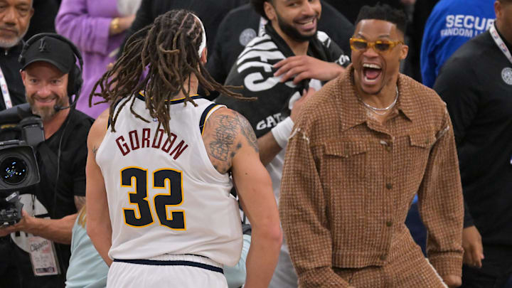 Apr 26, 2025; Inglewood, California, USA; Denver Nuggets forward Aaron Gordon (32) is congratulated by guard Russell Westbrook (4) after the game winning dunk to defeat the Los Angeles Clippers 101-99 in game four of round one of the 2024 NBA Playoffs at Intuit Dome. Mandatory Credit: Jayne Kamin-Oncea-Imagn Images