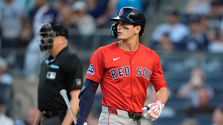 Aug 22, 2025; Bronx, New York, USA;  Boston Red Sox right fielder Roman Anthony (19) after an at bat against the New York Yankees during the first inning at Yankee Stadium. Mandatory Credit: Gregory Fisher-Imagn Images
