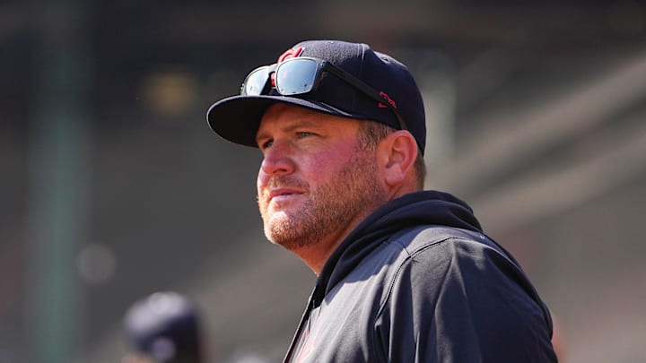 Apr 15, 2024; Boston, Massachusetts, USA; Cleveland Guardians manager Stephen Vogt (42) prior to the