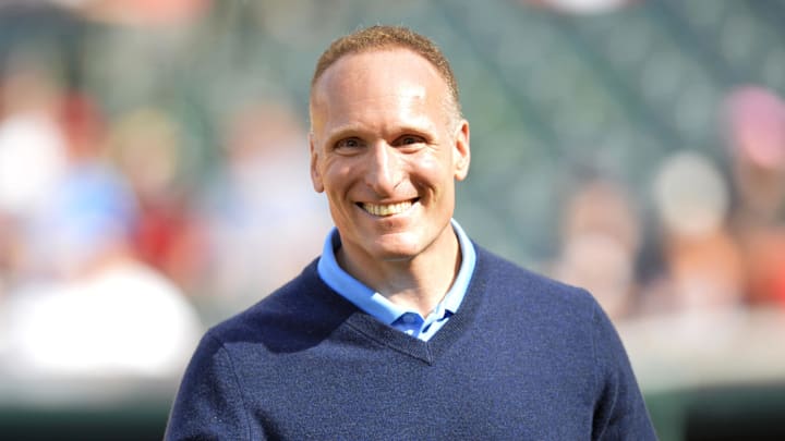 Oct 4, 2015; Cleveland, OH, USA; Cleveland Indians president Mark Shapiro stands on the field prior to a game between the Cleveland Indians and the Boston Red Sox at Progressive Field. Mandatory Credit: David Richard-Imagn Images