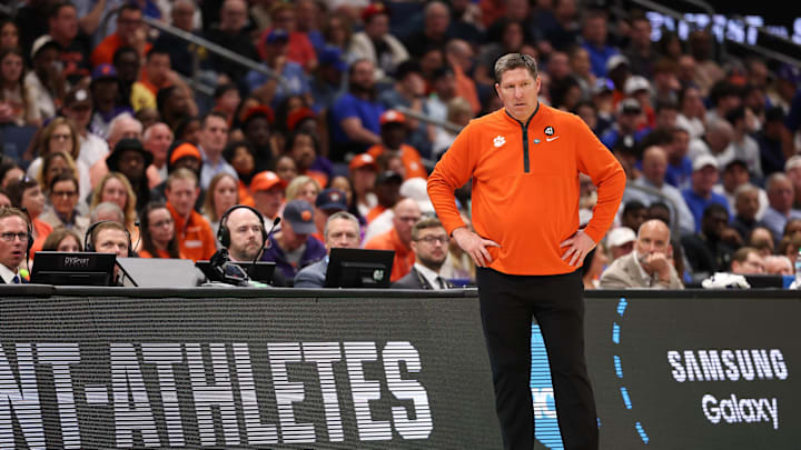 Mar 20, 2026; Tampa, FL, USA; Clemson Tigers head coach Brad Brownell looks on during the second half against the Iowa Hawkeyes during a first round game of the men's 2026 NCAA Tournament at Benchmark International Arena. Mandatory Credit: Matt Pendleton-Imagn Images