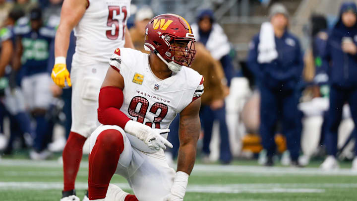 Nov 12, 2023; Seattle, Washington, USA; Washington Commanders defensive tackle Jonathan Allen (93) waits for a snap against the Seattle Seahawks during the second quarter at Lumen Field. Mandatory Credit: Joe Nicholson-USA TODAY Sports Nov 12, 2023; Seattle, Washington, USA; Washington Commanders defensive tackle Jonathan Allen (93) waits for a snap against the Seattle Seahawks during the second quarter at Lumen Field. Mandatory Credit: Joe Nicholson-USA TODAY Sports