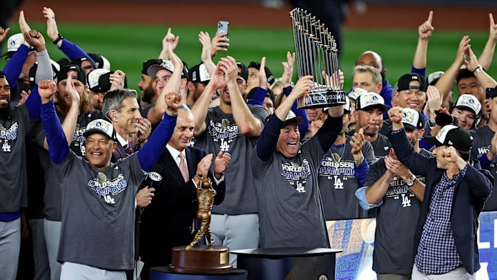 Oct 31, 2024; New York, USA, LAD; Los Angeles Dodgers president and CEO Stan Kasten celebrates with the Commissioner’s Trophy after the Los Angeles Dodgers beat the New York Yankees in game five to win the 2024 Imagn Images World Series at New York. Mandatory Credit: Wendell Cruz-Imagn Images Oct 31, 2024; New York, USA, LAD; Los Angeles Dodgers president and CEO Stan Kasten celebrates with the Commissioner’s Trophy after the Los Angeles Dodgers beat the New York Yankees in game five to win the 2024 Imagn Images World Series at New York. Mandatory Credit: Wendell Cruz-Imagn Images