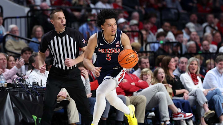 Dec 13, 2025; Birmingham, Alabama, USA; Arizona Wildcats guard Brayden Burries (5) makes a fast break during the second half against the Alabama Crimson Tide at Legacy Arena at BJCC. Mandatory Credit: David Leong-Imagn Images Dec 13, 2025; Birmingham, Alabama, USA; Arizona Wildcats guard Brayden Burries (5) makes a fast break during the second half against the Alabama Crimson Tide at Legacy Arena at BJCC. Mandatory Credit: David Leong-Imagn Images