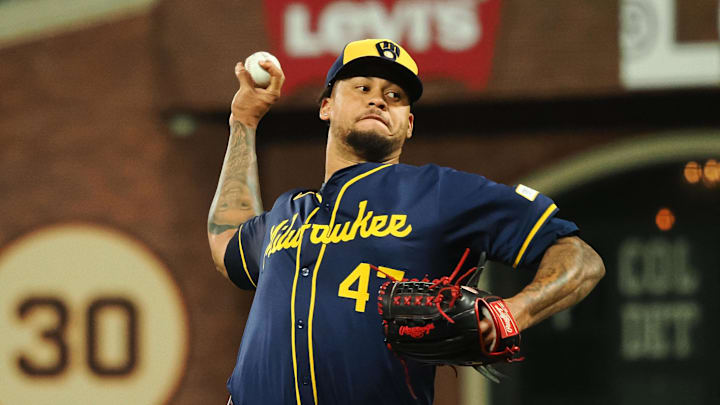 Sep 12, 2024; San Francisco, California, USA; Milwaukee Brewers starting pitcher Frankie Montas (47) pitches the ball against the San Francisco Giants during the sixth inning at Oracle Park. Mandatory Credit: Kelley L Cox-Imagn Images