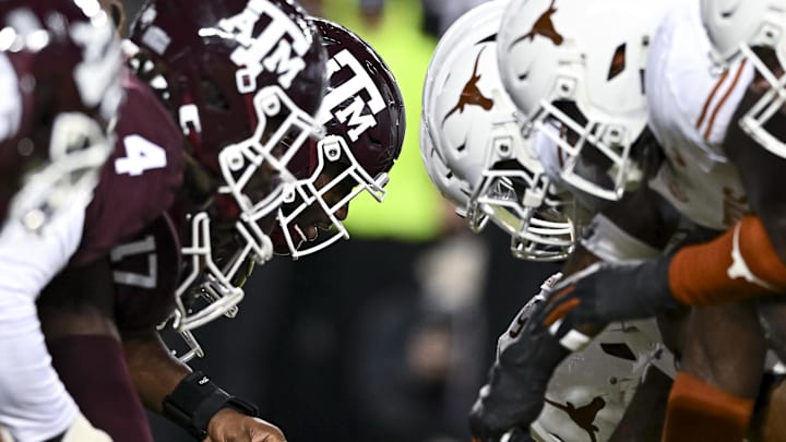 Nov 30, 2024; College Station, Texas, USA; A detail view of the line of scrimmage during the first half of the game between the Texas A&M Aggies and the Texas Longhorns. The Longhorns defeated the Aggies 17-7 at Kyle Field. Mandatory Credit: Maria Lysaker-Imagn Images  