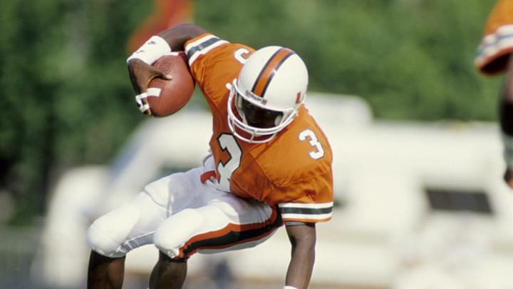 Oct 7, 1989; Miami, FL, USA; FILE PHOTO; Miami Hurricanes reciver Randal Hill (3) in action against the Cincinnati Bearcats at the Orange Bowl. Mandatory Credit: Imagn Images