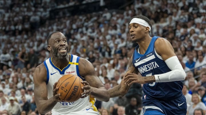 May 8, 2025; Minneapolis, Minnesota, USA; Golden State Warriors forward Draymond Green (23) drives to the basket past Minnesota Timberwolves forward Jaden McDaniels (3) in the second half during game two of the second round for the 2025 NBA Playoffs at Target Center. Mandatory Credit: Jesse Johnson-Imagn Images May 8, 2025; Minneapolis, Minnesota, USA; Golden State Warriors forward Draymond Green (23) drives to the basket past Minnesota Timberwolves forward Jaden McDaniels (3) in the second half during game two of the second round for the 2025 NBA Playoffs at Target Center. Mandatory Credit: Jesse Johnson-Imagn Images
