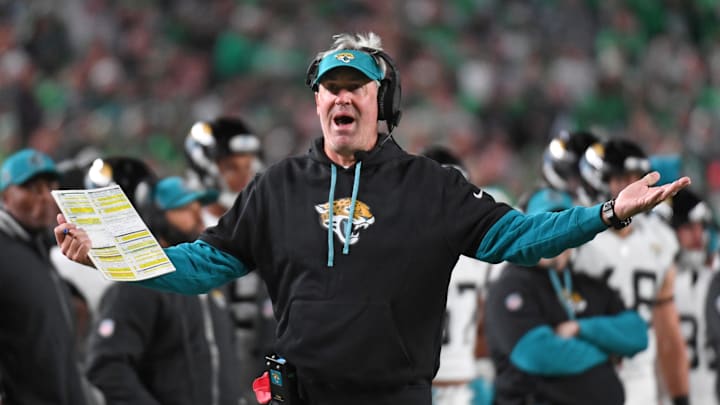 Nov 3, 2024; Philadelphia, Pennsylvania, USA; Jacksonville Jaguars head c coach Doug Pederson argues a call during the third quarter against the Philadelphia Eagles at Lincoln Financial Field. Mandatory Credit: Eric Hartline-Imagn Images Nov 3, 2024; Philadelphia, Pennsylvania, USA; Jacksonville Jaguars head c coach Doug Pederson argues a call during the third quarter against the Philadelphia Eagles at Lincoln Financial Field. Mandatory Credit: Eric Hartline-Imagn Images