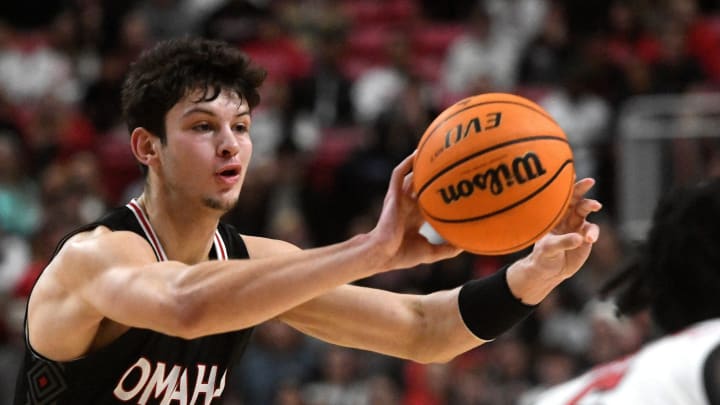Omaha's forward Frankie Fidler (23) passes the ball against Texas Tech in a non-conference basketball game, Wednesday, Dec. 6, 2023, at United Supermarkets Arena.