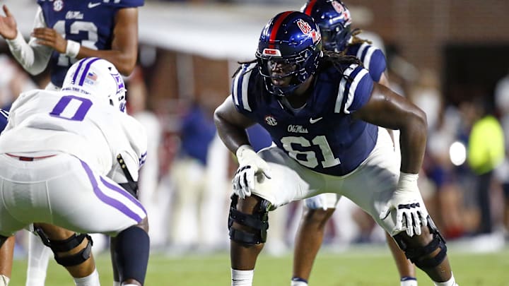 Aug 31, 2024; Oxford, Mississippi, USA; Mississippi Rebels offensive linemen Diego Pounds (61) waits for the snap during the second half against the Furman Paladins at Vaught-Hemingway Stadium. Mandatory Credit: Petre Thomas-Imagn Images