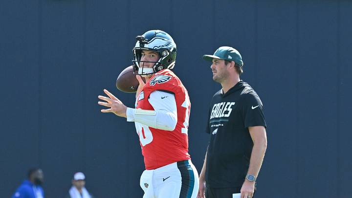 Aug 19, 2026; Foxborough, Massachusetts, USA; Philadelphia Eagles quarterback Tanner McKee (16) throws a pass during training camp at Gillette Stadium. Aug 19, 2026; Foxborough, Massachusetts, USA; Philadelphia Eagles quarterback Tanner McKee (16) throws a pass during training camp at Gillette Stadium.