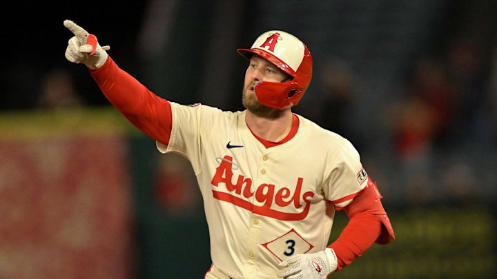 Sep 24, 2025; Anaheim, California, USA;  Los Angeles Angels left fielder Taylor Ward (3) rounds the bases after hitting a solo home run in the third inning against the Kansas City Royals at Angel Stadium. Mandatory Credit: Jayne Kamin-Oncea-Imagn Images