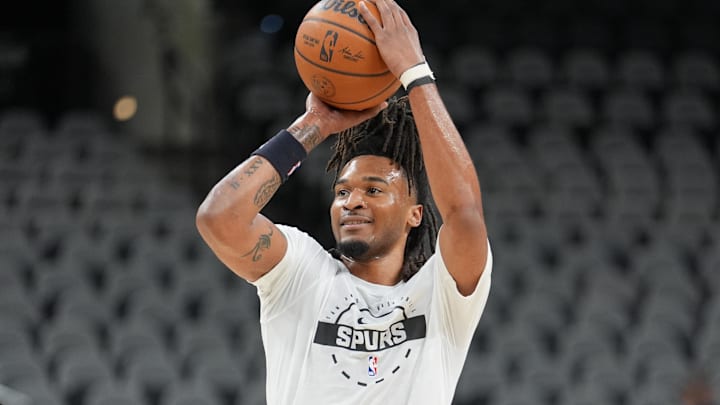 Mar 12, 2026; San Antonio, Texas, USA;  San Antonio Spurs guard Stephon Castle (5) warms up before the game against the Denver Nuggets at Frost Bank Center. Mandatory Credit: Daniel Dunn-Imagn Images