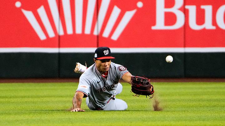 Jun 7, 2026; Phoenix, Arizona, USA; Washington Nationals right fielder James Wood (29) misses the ball during the fourth inning at Chase Field. Mandatory Credit: Arianna Grainey-Imagn Images