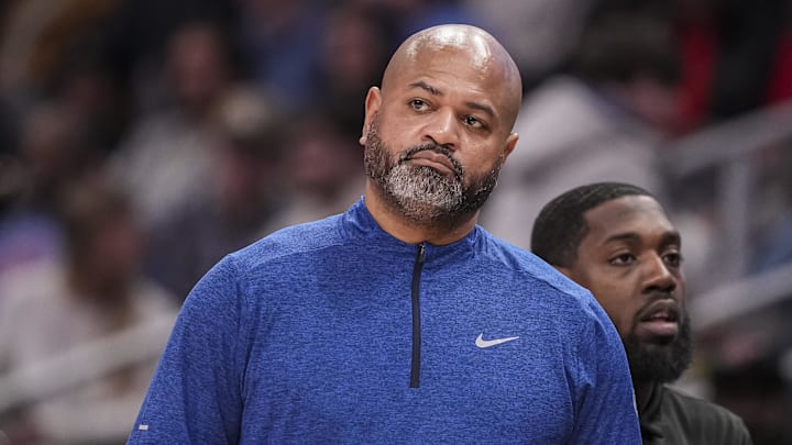 Jan 22, 2025; Atlanta, Georgia, USA; Detroit Pistons head coach J.B. Bickerstaff reacts on the sideline during the game against the Atlanta Hawks during the second half at State Farm Arena. Mandatory Credit: Dale Zanine-Imagn Images