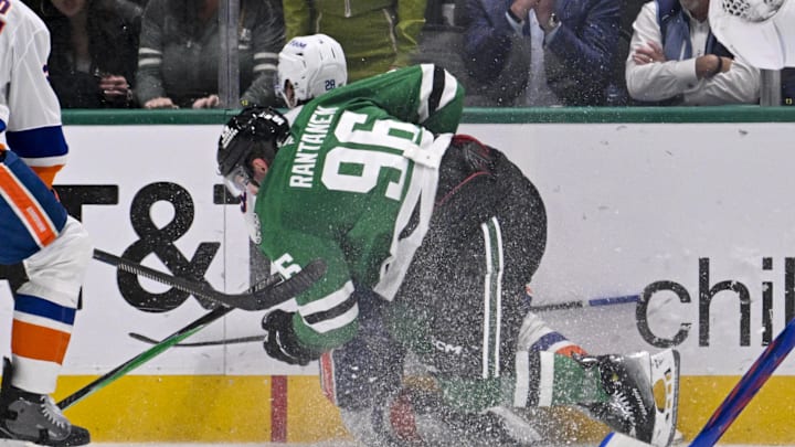 Nov 18, 2025; Dallas, Texas, USA; Dallas Stars right wing Mikko Rantanen (96) is called for a game misconduct penalty for boarding on New York Islanders defenseman Alexander Romanov (28) during the third period at the American Airlines Center. Mandatory Credit: Jerome Miron-Imagn Images Nov 18, 2025; Dallas, Texas, USA; Dallas Stars right wing Mikko Rantanen (96) is called for a game misconduct penalty for boarding on New York Islanders defenseman Alexander Romanov (28) during the third period at the American Airlines Center. Mandatory Credit: Jerome Miron-Imagn Images