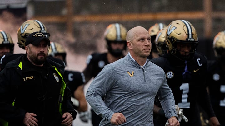 Vanderbilt Commodores Head Coach Clark Lea runs onto the field before playing against South Carolina Gamecocks at FirstBank Stadium in Nashville, Tenn., Saturday, Nov. 9, 2024.