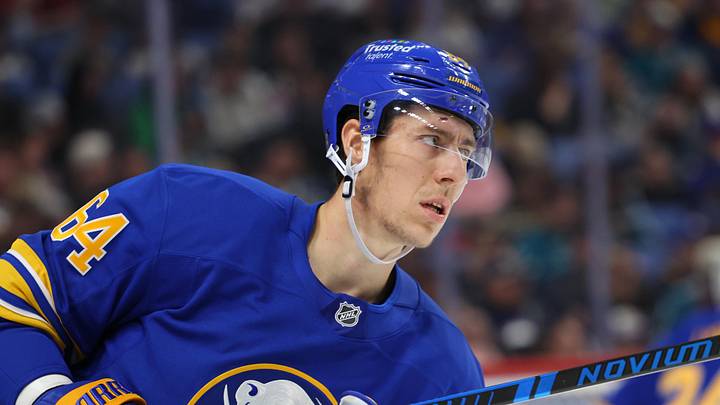 Mar 10, 2026; Buffalo, New York, USA; Buffalo Sabres defenseman Logan Stanley (64) before the start of the third period against the San Jose Sharks at KeyBank Center. Mandatory Credit: Timothy T. Ludwig-Imagn Images Mar 10, 2026; Buffalo, New York, USA; Buffalo Sabres defenseman Logan Stanley (64) before the start of the third period against the San Jose Sharks at KeyBank Center. Mandatory Credit: Timothy T. Ludwig-Imagn Images