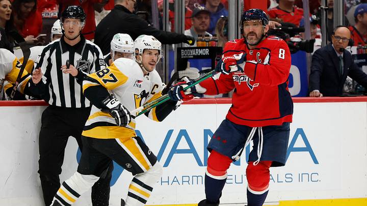 Apr 12, 2026; Washington, District of Columbia, USA; Washington Capitals left wing Alex Ovechkin (8) covers Pittsburgh Penguins center Sidney Crosby (87) in the final minute during the third period at Capital One Arena. Mandatory Credit: Geoff Burke-Imagn Images Apr 12, 2026; Washington, District of Columbia, USA; Washington Capitals left wing Alex Ovechkin (8) covers Pittsburgh Penguins center Sidney Crosby (87) in the final minute during the third period at Capital One Arena. Mandatory Credit: Geoff Burke-Imagn Images