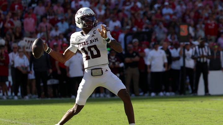 Oct 24, 2026; Tuscaloosa, Alabama, USA;  Texas A&M Aggies quarterback Marcel Reed (10) throws a pass against the Alabama Crimson Tide during the first half at Saban Field at Bryant-Denny Stadium.  Mandatory Credit: David Leong-Imagn Images