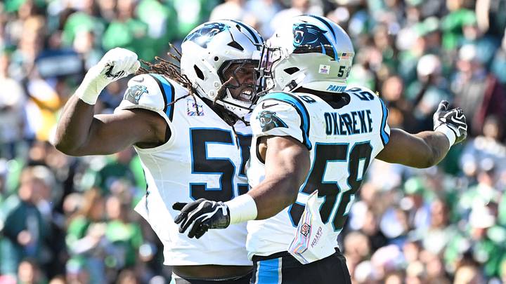 Oct 18, 2026; Philadelphia, Pennsylvania, USA; Carolina Panthers linebacker Bobby Okereke (58) celebrates his sack with linebacker Devin Lloyd (55) against the Philadelphia Eagles during the first quarter at Lincoln Financial Field. Mandatory Credit: Eric Hartline-Imagn Images Oct 18, 2026; Philadelphia, Pennsylvania, USA; Carolina Panthers linebacker Bobby Okereke (58) celebrates his sack with linebacker Devin Lloyd (55) against the Philadelphia Eagles during the first quarter at Lincoln Financial Field. Mandatory Credit: Eric Hartline-Imagn Images