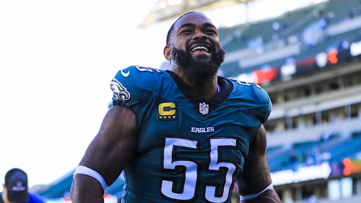 Oct 27, 2024; Cincinnati, Ohio, USA; Philadelphia Eagles defensive end Brandon Graham (55) walks off the field after the victory over the Cincinnati Bengals at Paycor Stadium. Mandatory Credit: Katie Stratman-Imagn Images