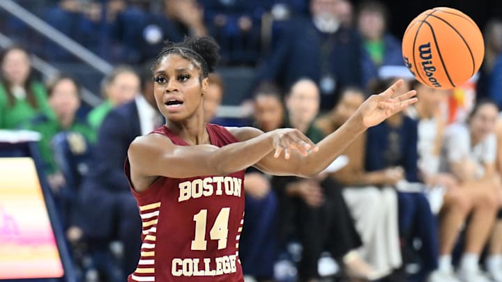 Jan 11, 2024; South Bend, Indiana, USA; Boston College Eagles guard Kayla Lezama (14) passes in the second half against the Notre Dame Fighting Irish at the Purcell Pavilion. Mandatory Credit: Matt Cashore-Imagn Images Jan 11, 2024; South Bend, Indiana, USA; Boston College Eagles guard Kayla Lezama (14) passes in the second half against the Notre Dame Fighting Irish at the Purcell Pavilion. Mandatory Credit: Matt Cashore-Imagn Images