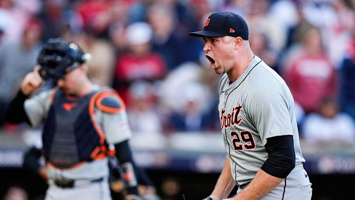 Detroit Tigers pitcher Tarik Skubal (29) reacts after pitching the fifth inning of Game 2 of ALDS against the Cleveland Guardians at Progressive Field in Cleveland, Ohio on Monday, Oct. 7, 2024.