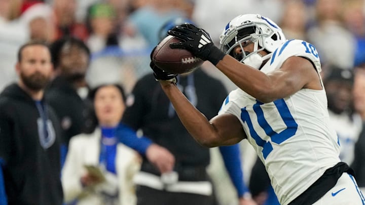 Indianapolis Colts wide receiver Adonai Mitchell (10) makes a catch Sunday, Dec. 22, 2024, during a game against the Tennessee Titans at Lucas Oil Stadium in Indianapolis.