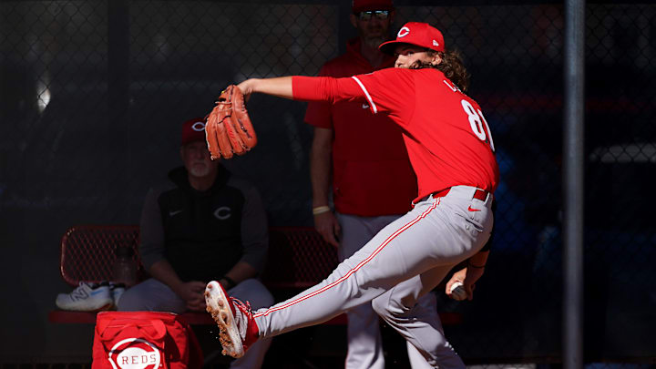 Cincinnati Reds non-roster invitee pitcher Rhett Lowder (81) throws in the bullpen during spring training workouts, Friday, Feb. 16, 2024, at the team   s spring training facility in Goodyear, Ariz.