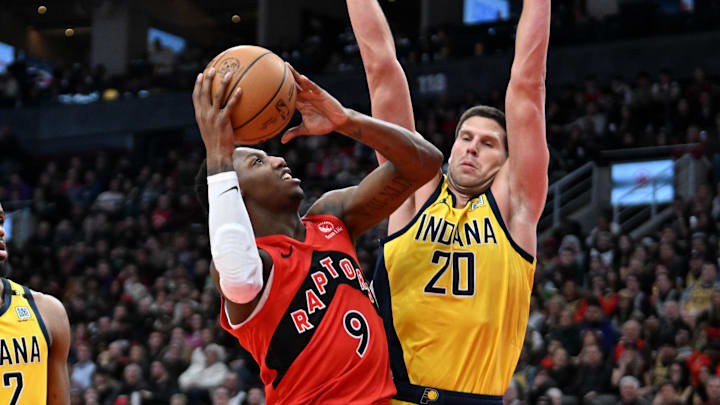 Feb 14, 2024; Toronto, Ontario, CAN;   Toronto Raptors forward RJ Barrett (9) shoots the ball as