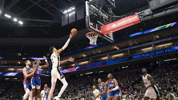 December 1, 2024; Sacramento, California, USA; San Antonio Spurs center Victor Wembanyama (1) shoots the basketball against the Sacramento Kings during the fourth quarter at Golden 1 Center. 