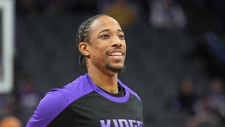Dec 8, 2024; Sacramento, California, USA; Sacramento Kings forward DeMar DeRozan (10) before the game against the Utah Jazz at Golden 1 Center. Mandatory Credit: Darren Yamashita-Imagn Images