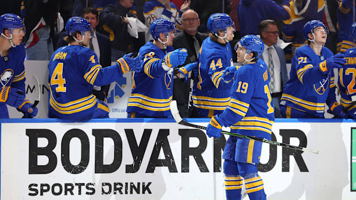 Apr 21, 2026; Buffalo, New York, USA; Buffalo Sabres center Peyton Krebs (19) celebrates his goal with teammates during the third period against the Boston Bruins in game two of the first round of the 2026 Stanley Cup Playoffs at KeyBank Center. Mandatory Credit: Timothy T. Ludwig-Imagn Images