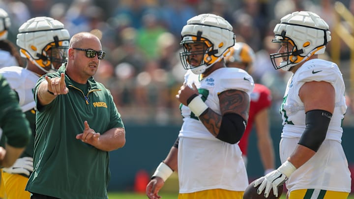Green Bay Packers offensive coordinator Adam Stenavich instructs offensive linemen during practice on Tuesday, August 13, 2024, at Ray Nitschke Field in Ashwaubenon, Wis. 
Tork Mason/USA TODAY NETWORK-Wisconsin