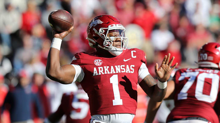 Nov 5, 2022; Fayetteville, Arkansas, USA; Arkansas Razorbacks quarterback KJ Jefferson (1) passes in