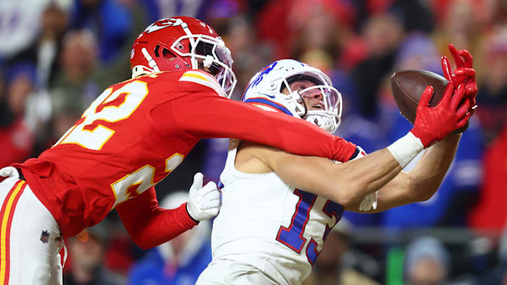 Jan 26, 2025; Kansas City, MO, USA; Buffalo Bills wide receiver Mack Hollins (13) makes a touchdown catch against Kansas City Chiefs cornerback Trent McDuffie (22) during the first half in the AFC Championship game at GEHA Field at Arrowhead Stadium. Mandatory Credit: Mark J. Rebilas-Imagn Images Jan 26, 2025; Kansas City, MO, USA; Buffalo Bills wide receiver Mack Hollins (13) makes a touchdown catch against Kansas City Chiefs cornerback Trent McDuffie (22) during the first half in the AFC Championship game at GEHA Field at Arrowhead Stadium. Mandatory Credit: Mark J. Rebilas-Imagn Images