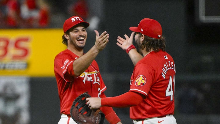 Sep 19, 2025; St. Louis, Missouri, USA; St. Louis Cardinals third baseman Nolan Arenado (28) celebrates with first baseman Alec Burleson (41) after the Cardinals defeated the Milwaukee Brewers at Busch Stadium. Mandatory Credit: Jeff Curry-Imagn Images Sep 19, 2025; St. Louis, Missouri, USA; St. Louis Cardinals third baseman Nolan Arenado (28) celebrates with first baseman Alec Burleson (41) after the Cardinals defeated the Milwaukee Brewers at Busch Stadium. Mandatory Credit: Jeff Curry-Imagn Images